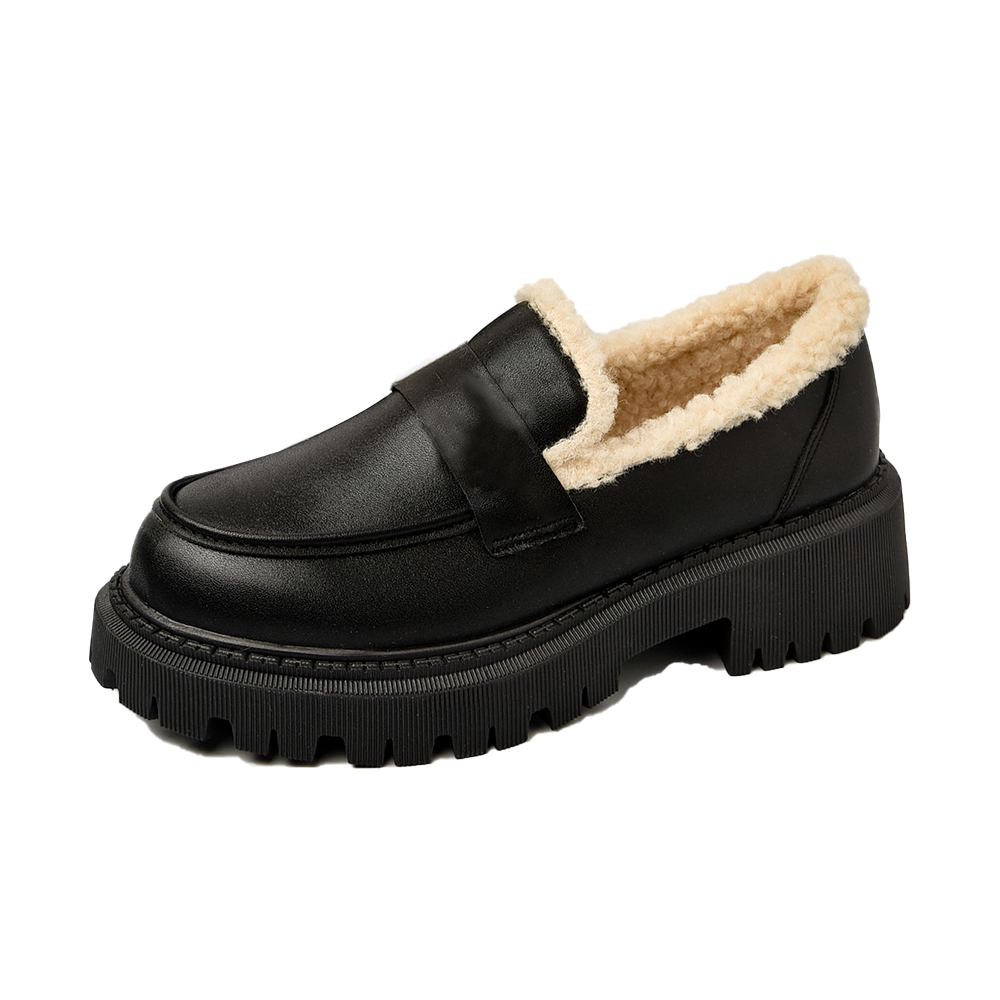 Classic Black Round Toe Lug Sole Shearling Trim Chunky Loafers Nicepairs