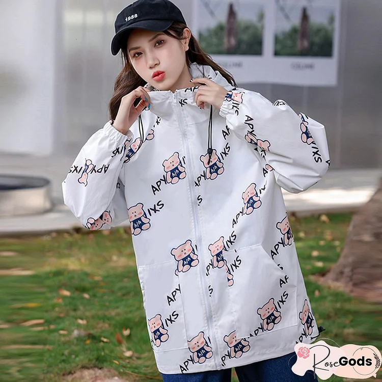 Autumn Fashion Cute Print Bear Jacket Women Loose Casual Letter Coats Long Sleeves Street Wear Yellow Korean Outwear New