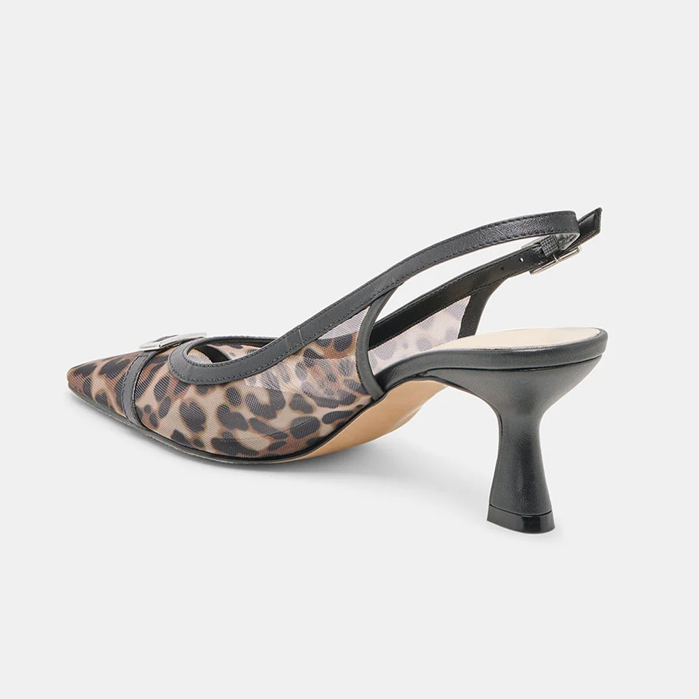 Beige Pointed Toe Leopard Print Slingback Flared Heel Pumps for Women