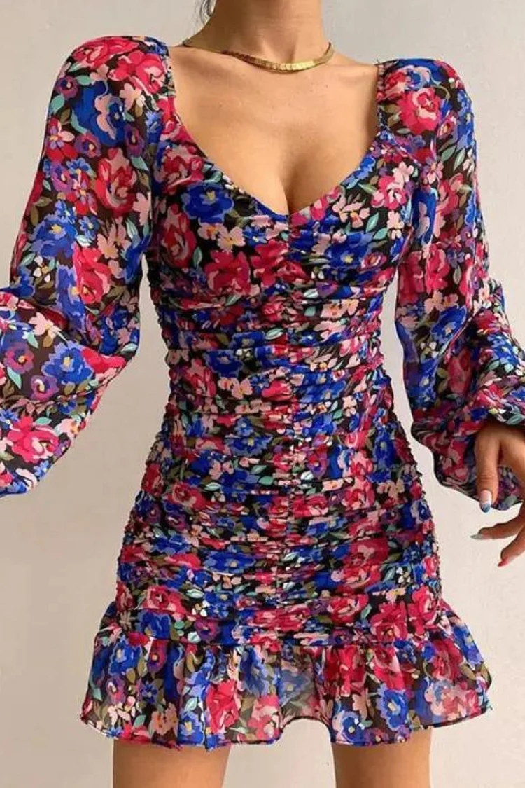 Women's Fashionable and Elegant U-neck Sexy Floral Mini Dress