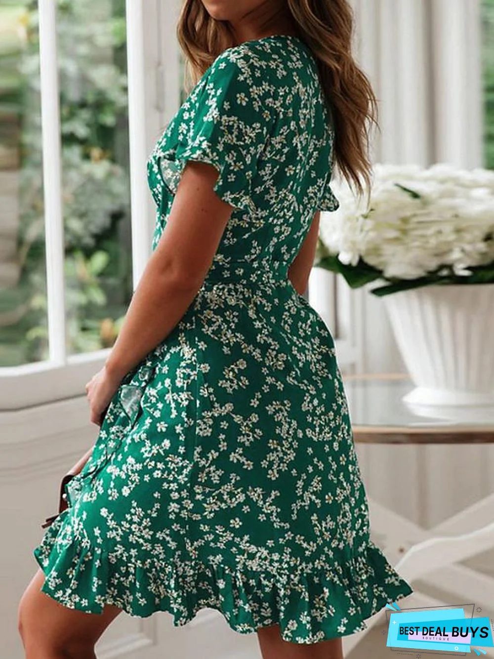 Women's Wrap Dress Short Mini Dress - Short Sleeve Floral Summer Deep V Hot Green Navy Blue