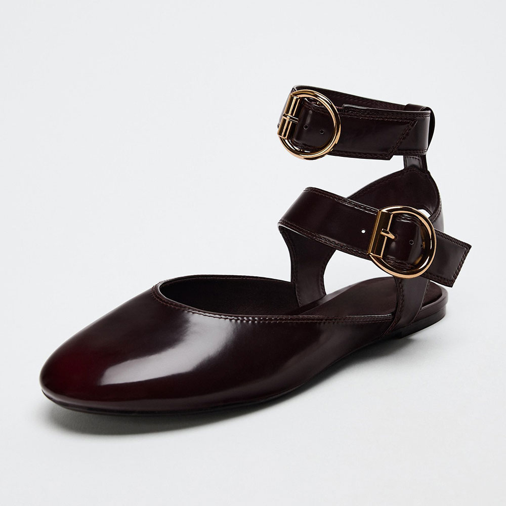 Maroon Round Toe Slingback Ballet Flats with Double Buckled Straps Nicepairs