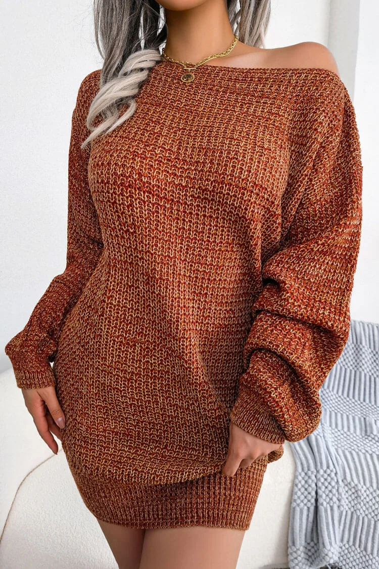Abebey Vintage Boat Neck Long Sleeve Marled Knit Sweater Mini Dress - Coffee