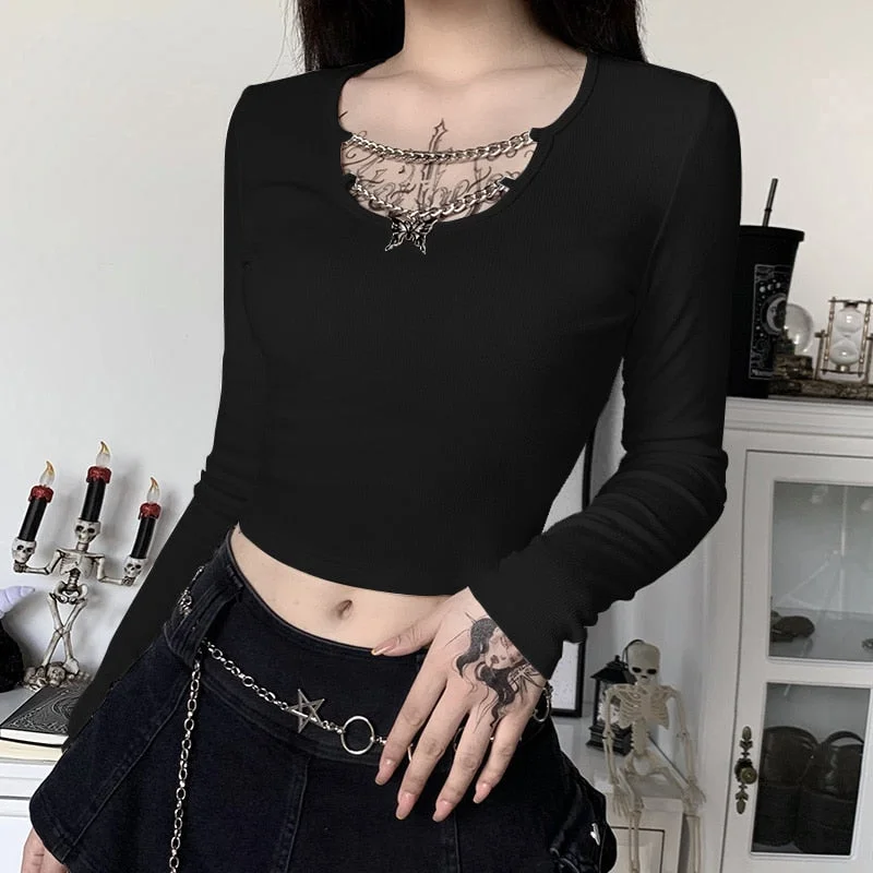 InsGoth Knitted Long Sleeve Crop Tops Gothic Punk Bodycon Butterfly Pendant Women T-shirts Lady Solid Black White Basic Top