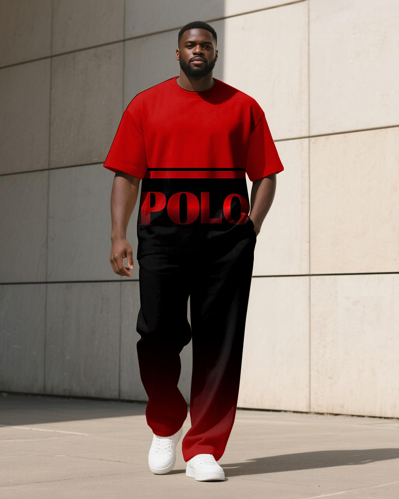Men's Plus Size Red And Black Gradient Letter Print T-shirt Trousers Suit