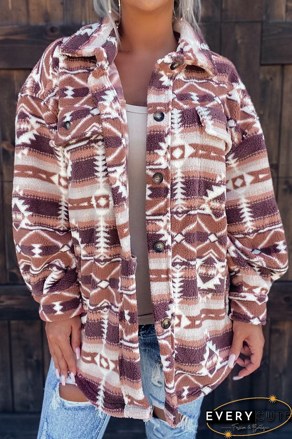 Pink Tribal Print Pocket Buttoned Sherpa Jacket