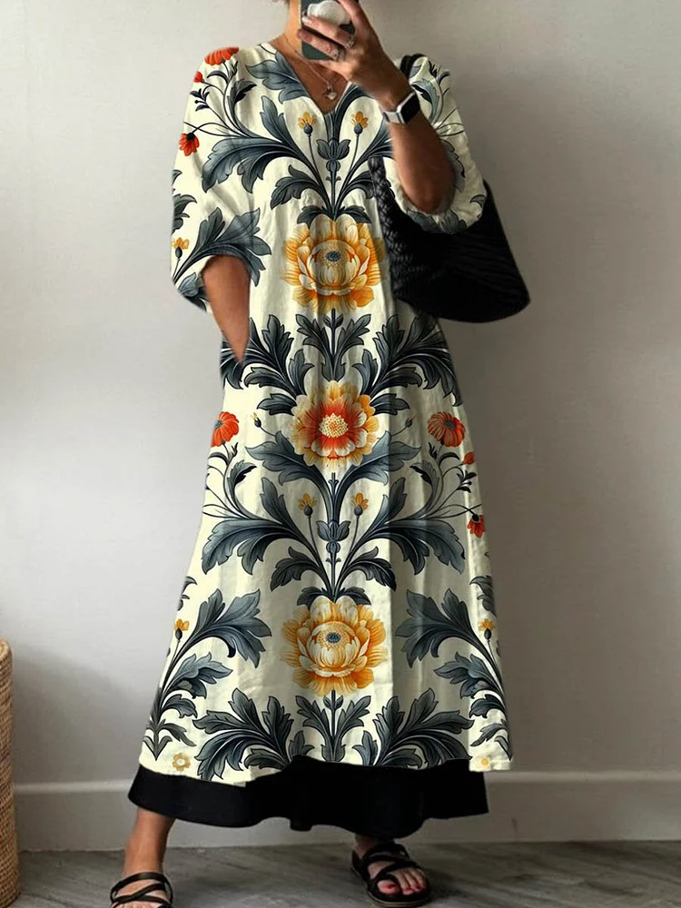 Women's Vintage Lovely Floral Art Print Pocket V-neck Cotton Dress