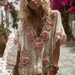 Vintage Pink Rose Embroidery Linen Short Sleeve T-shirt - Image 2