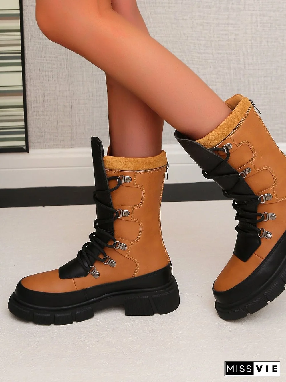 Vintage Contrast Lace-Up Tall Chunky Heel Outdoor Boots