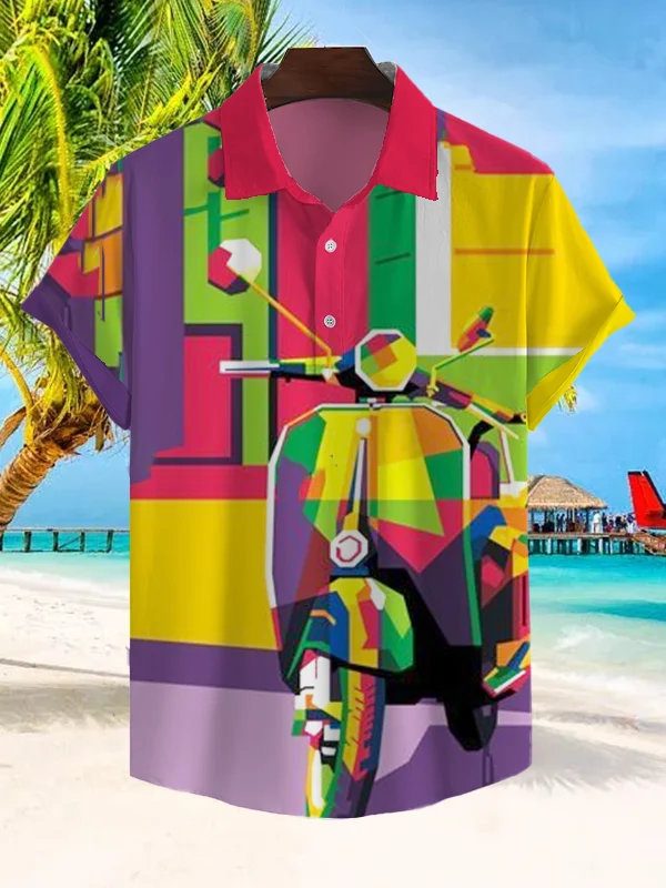 Men's Colorful Geometric Art Motorcycle Print Short Sleeve Polo Shirt