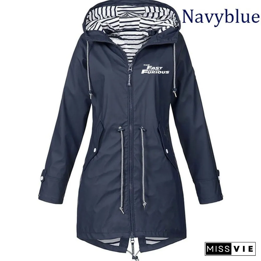 Ladies Double Layer Waterproof Lightweight Rain Jacket Outdoor Hooded Zipper Coats