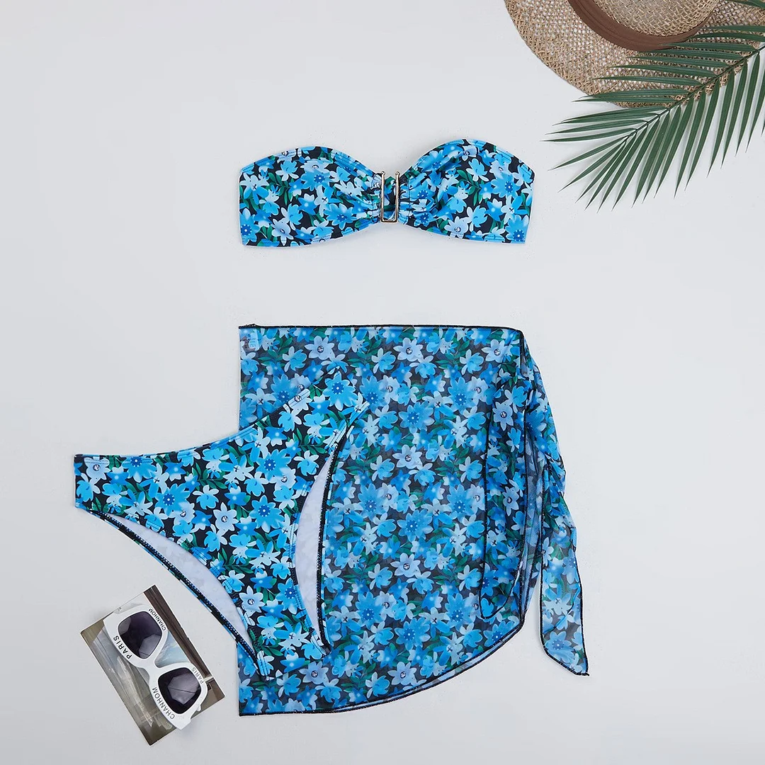 Wongn Wongn Swimsuit Female Split Metal U Bikini BIKINI Three-Piece Print Swimsuit