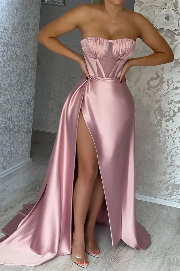 Miabel Chic Pink Slit Mermaid Strapless Prom Dress With Pleats Ruffless