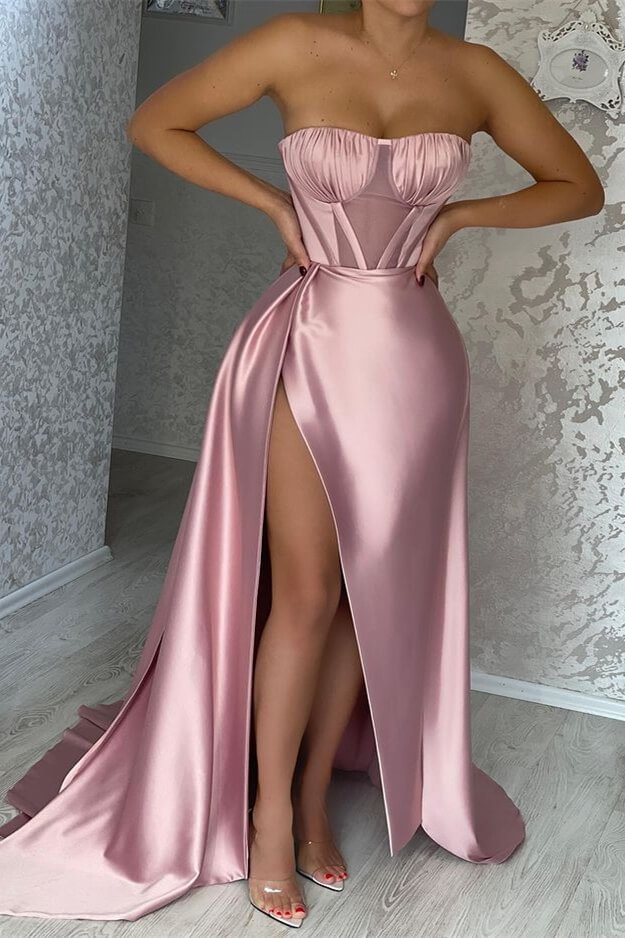 Sexy Pink Strapless Slit Mermaid Prom Dress With Pleats Ruffles | Ballbellas Ballbellas