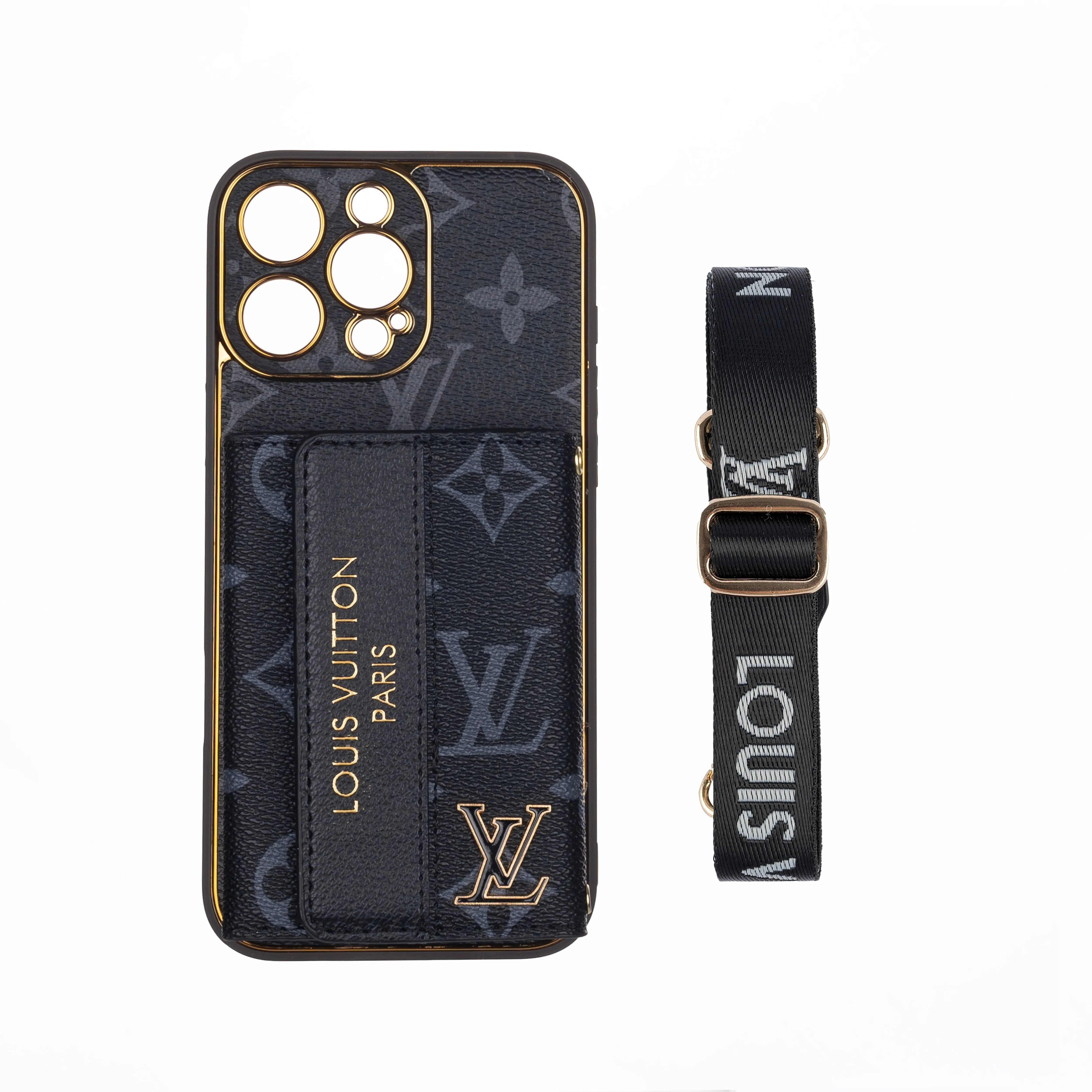 Chic LV-Style Leather Crossbody Case for iPhone with Gold Clasp & Straps (Aesthetic Phone Accessory)