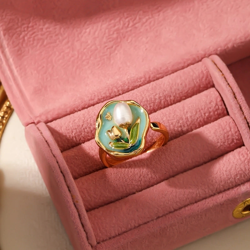 Copper Inlay Rose Pearl Open Rings