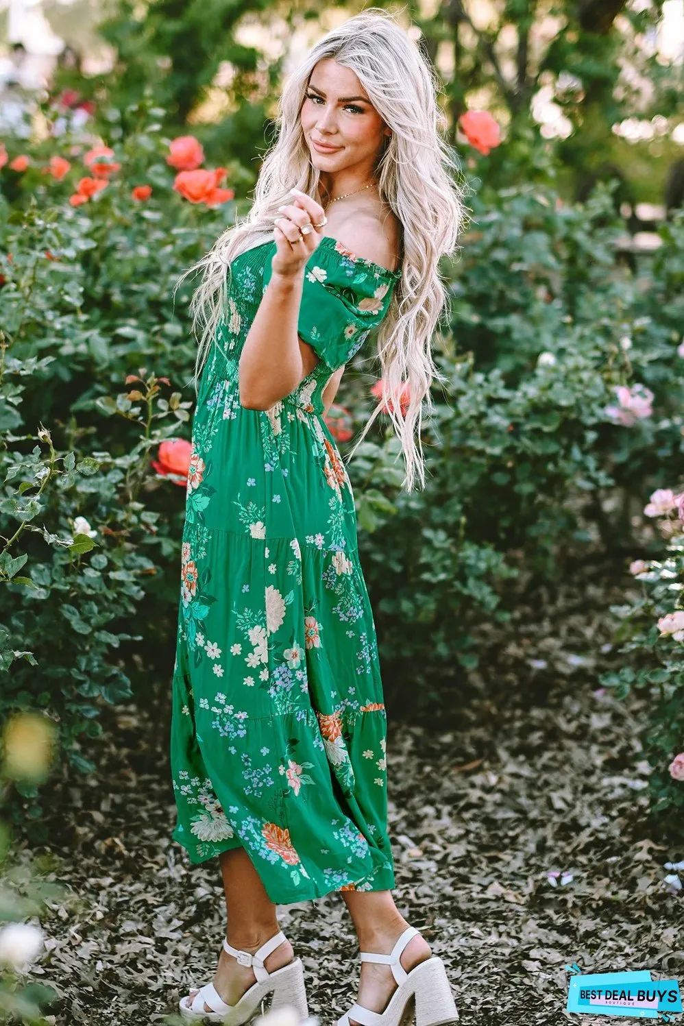Floral Print Smocked Tiered Midi Dresses