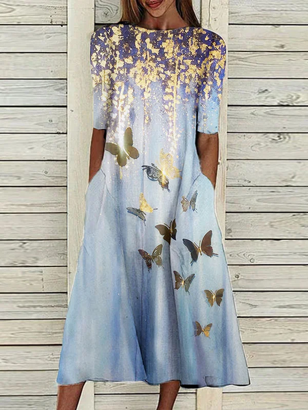 Fashion round neck short sleeve butterfly print dress