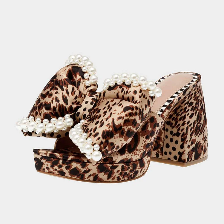 Brown Leopard Print Satin Platform Pearl Bow Heeled Mules Sandals |FSJ Shoes