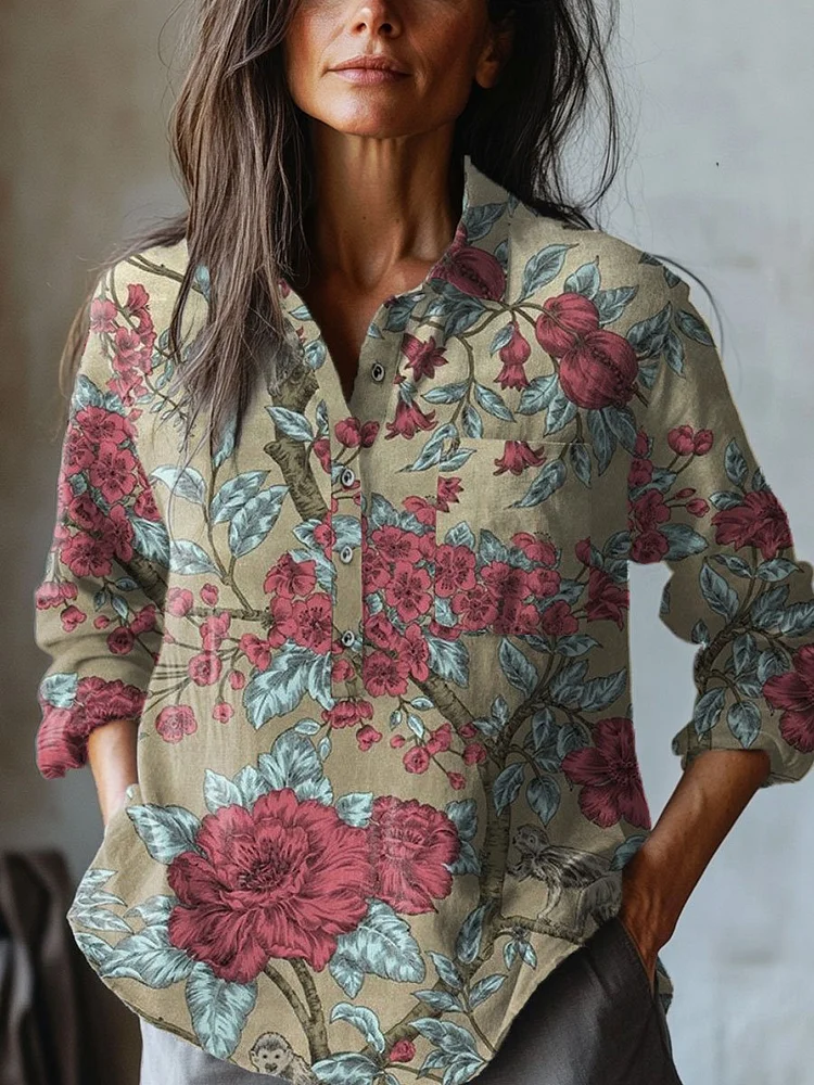 Women's   Floral  Art Print Casual Cotton And Linen Shirt