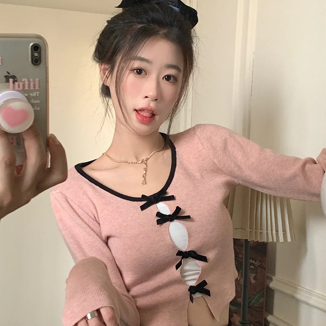 Uveng Uveng Fragrant Windy Bow Bow Long-Sleeved Knitted Girl Autumn New Design Hollow Wears Solid Color Long-Sleeved Top