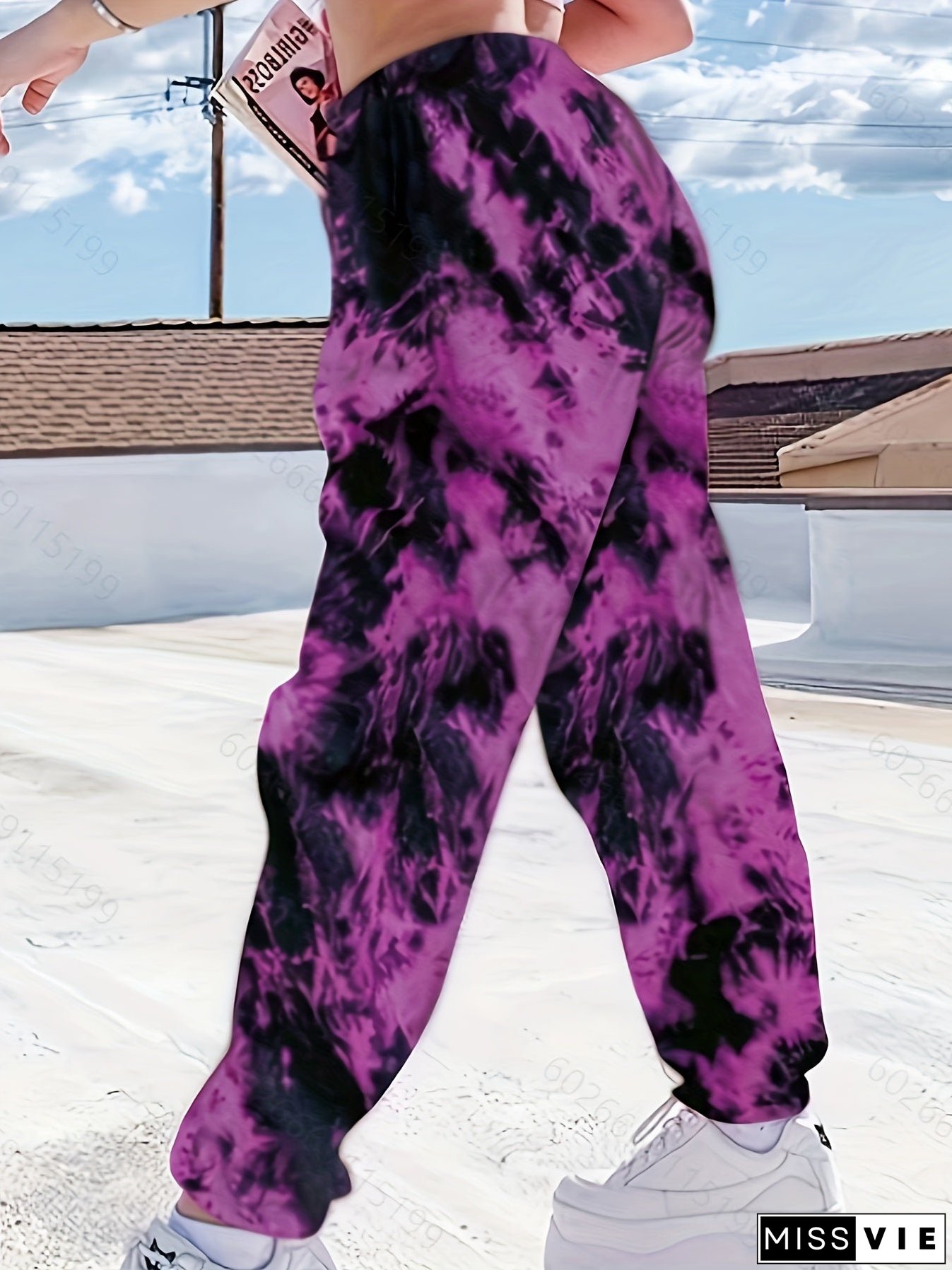 Plus Size Casual Pants, Women's Plus Tie Dye High Waist Harem Drawstring Pants With Pockets