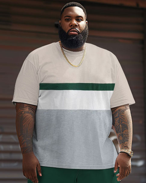 Casual Simple Strip Color Block Large Size Men's T-shirt Shorts Set