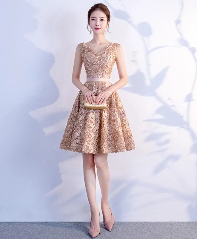 Cute Champagne V Neck Short Prom Dress