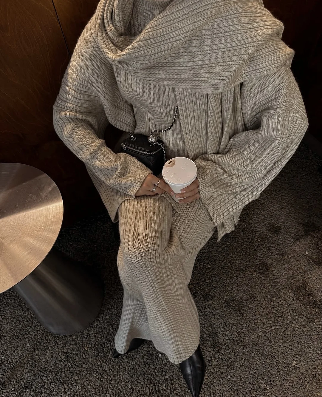 Athvotar Athvotar And Winter Pure Color Round Collar Jersey Sweater Set Of Women's Loose Knitted Sweater Broad Leg Trousers Scarf Three Sets