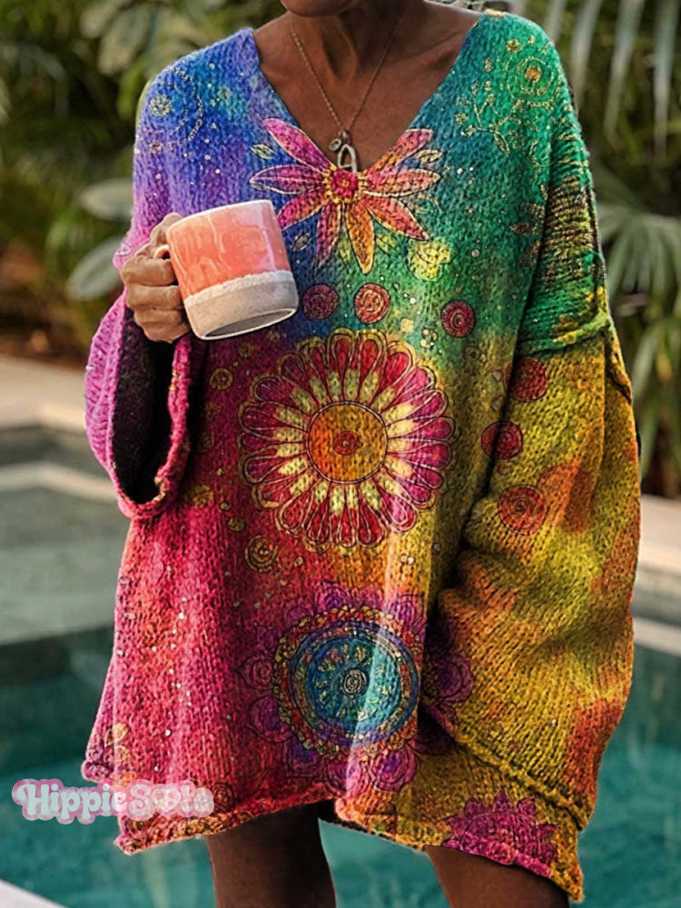 Women’s Retro Hippie Ethnic Flowers Pattern Love And Peace Casual Pullover Sweater Multicolor / M