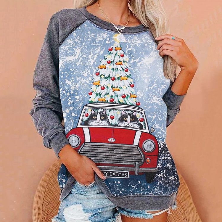 Christmas print loose pullover sweatershirt