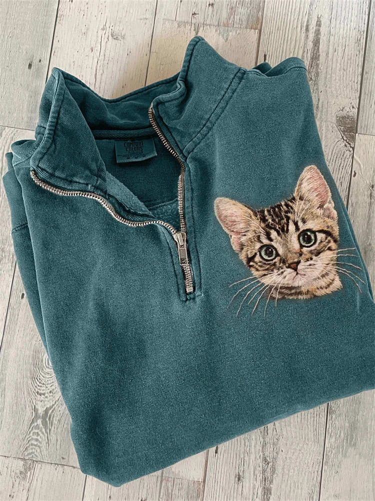 Lovely Cat Embroidery Art Zip Up Sweatshirt