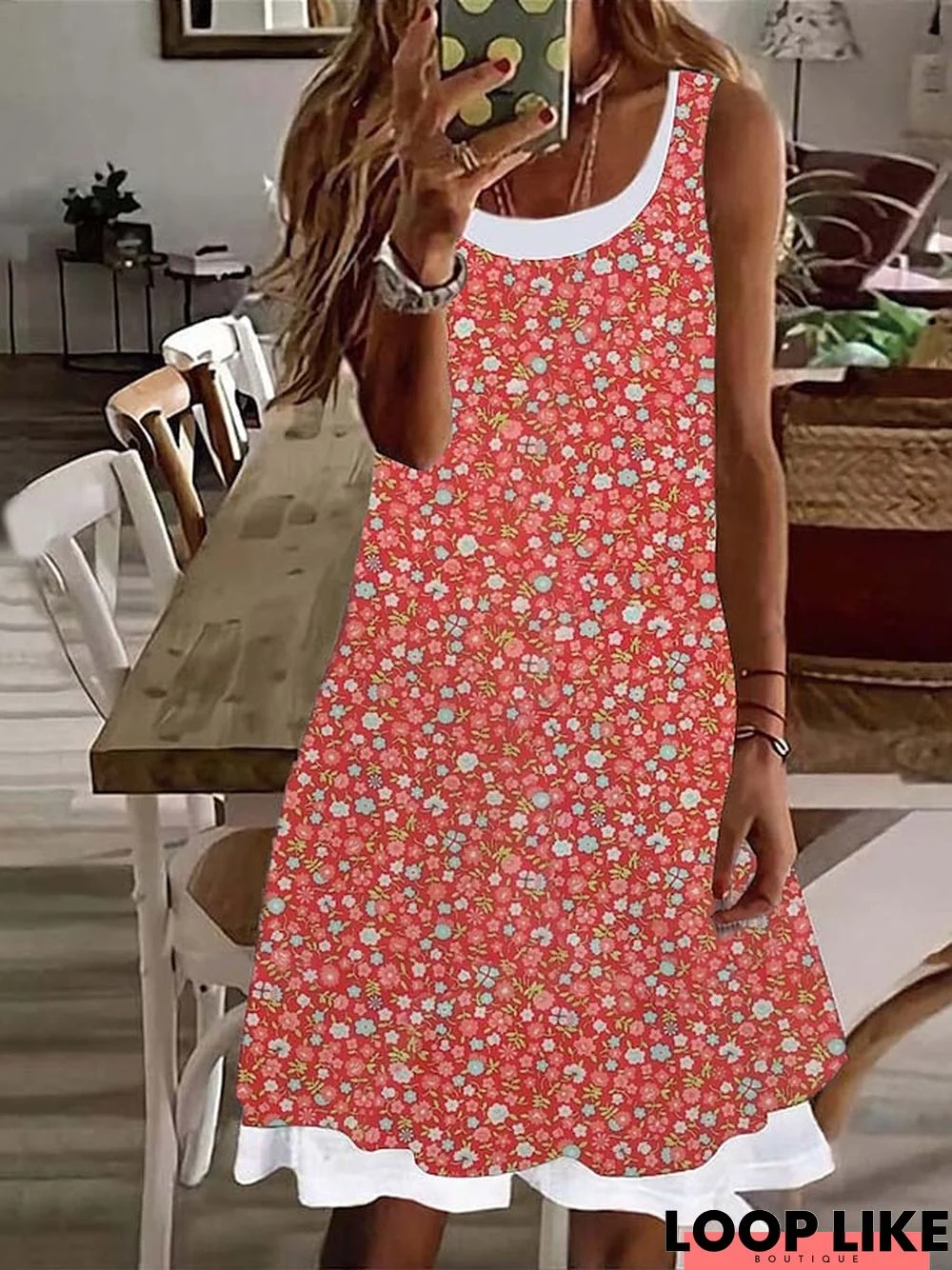 Women's Casual Dress Tank Dress Floral Dress Graphic Floral Fake two piece Print Crew Neck Mini Dress Active Fashion Outdoor Daily Sleeveless Regular Fit Red Spring Summer S M L XL XXL
