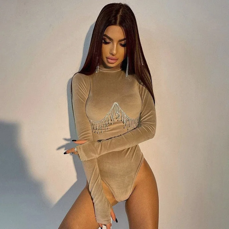 Hawthaw Diamond Tassels Body Women Autumn Winter Long Sleeve Turtleneck Bodycon T Shirt Fashion Tops Bodysuit 2022 Fall Clothes