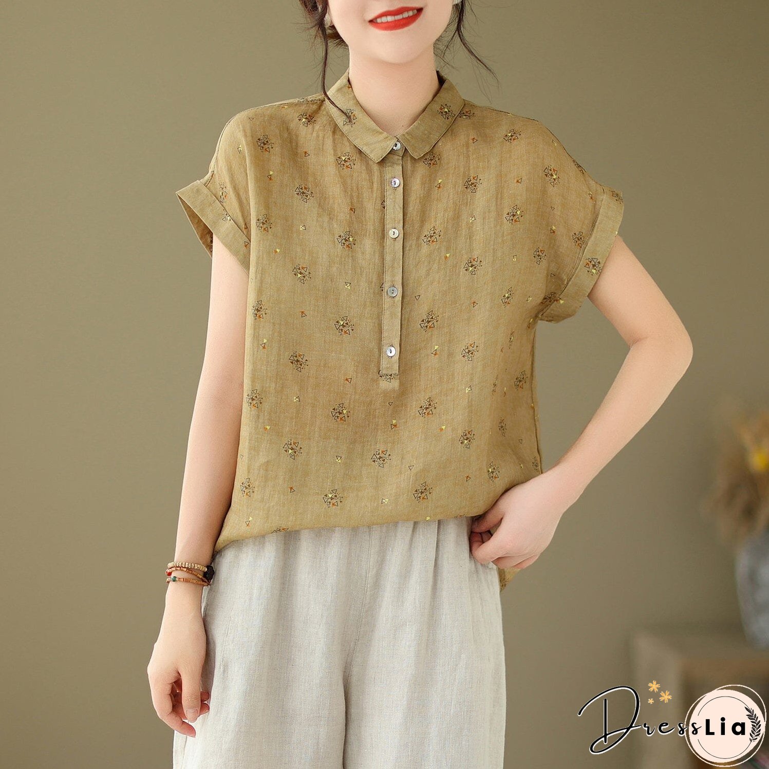 Women Summer Retro Print Linen Minimalist Tops