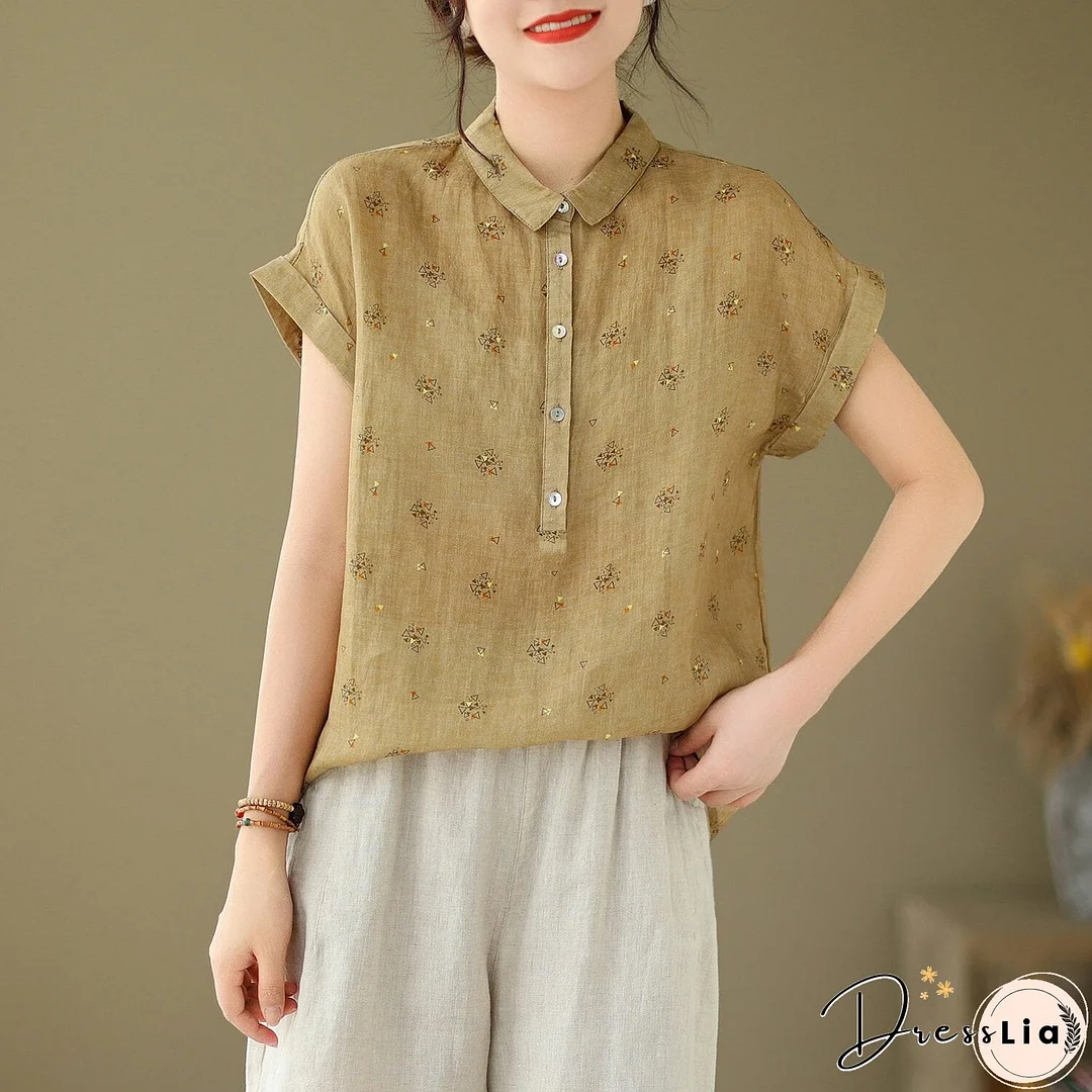 Women Summer Retro Print Linen Minimalist Tops