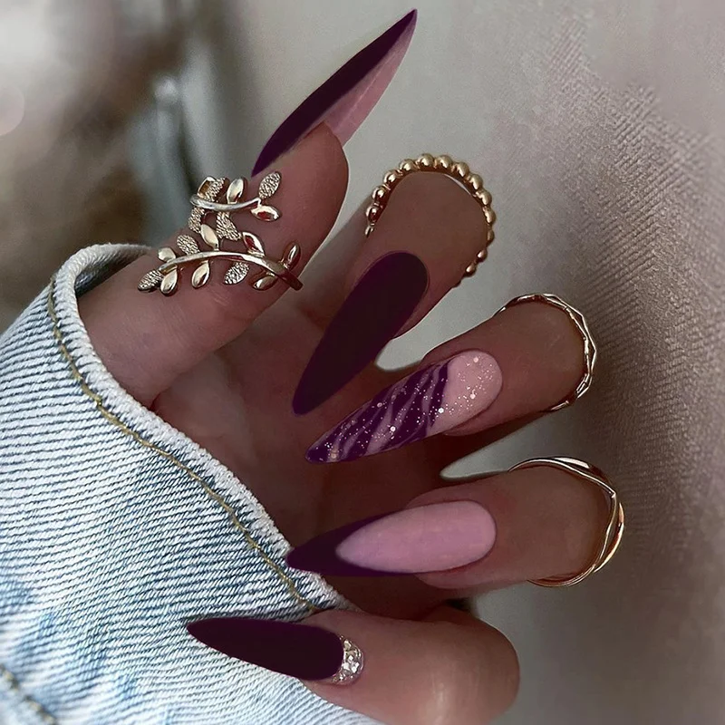 Churchf Churchf Pointed Nail Purple Charm Tiger Skin Grain Flash Pink Nail Matte Matte Texture Wear Beautiful Nail Nail Piece