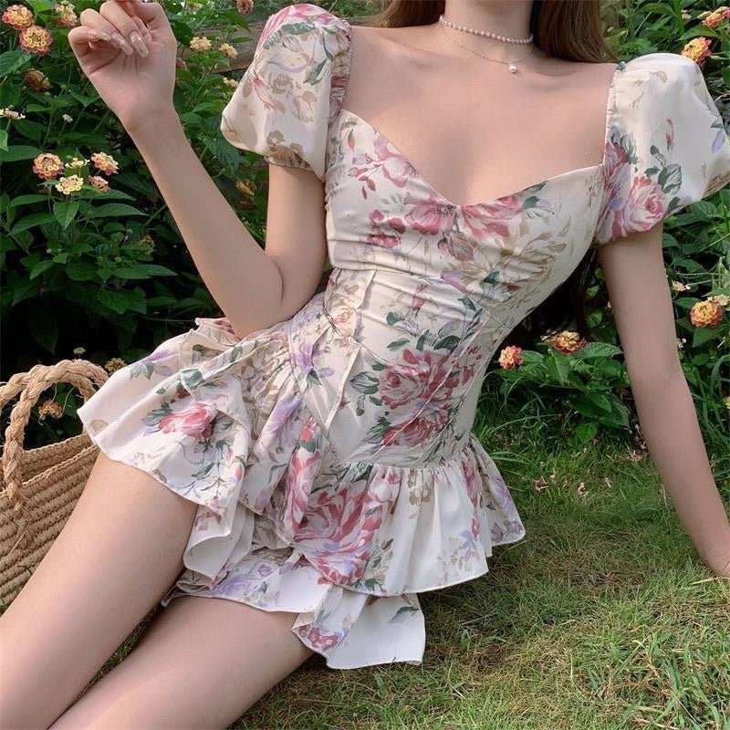 French Style Summer Elegant Floral Print Dress Women Sexy Puff Sleeve Square Sleeve Beach Slim Ruffle Mini Dress 2021 New