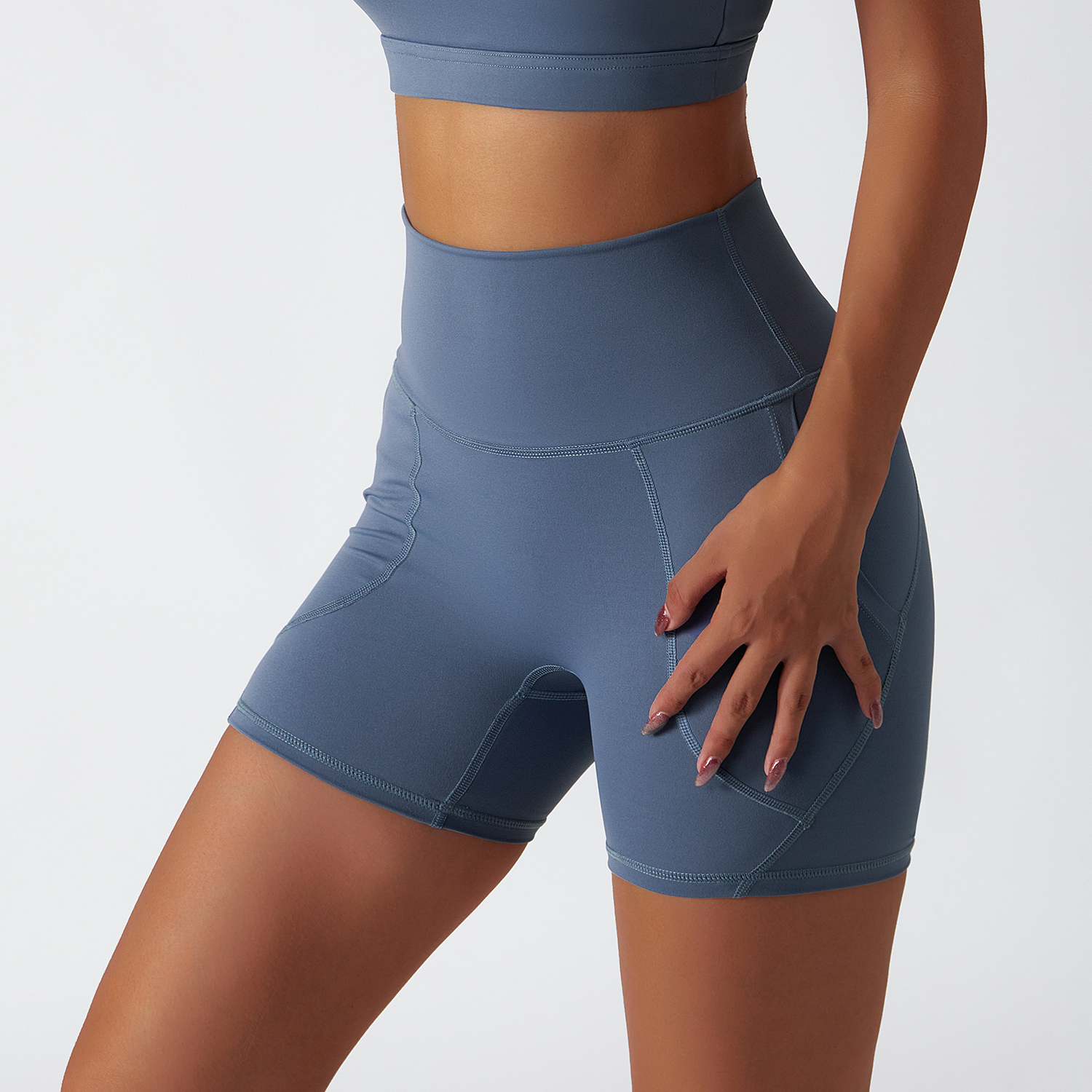 Shop Haze Blue renewable fabric sustainable no front seam yoga shorts with side pockets online on Hergymclothing