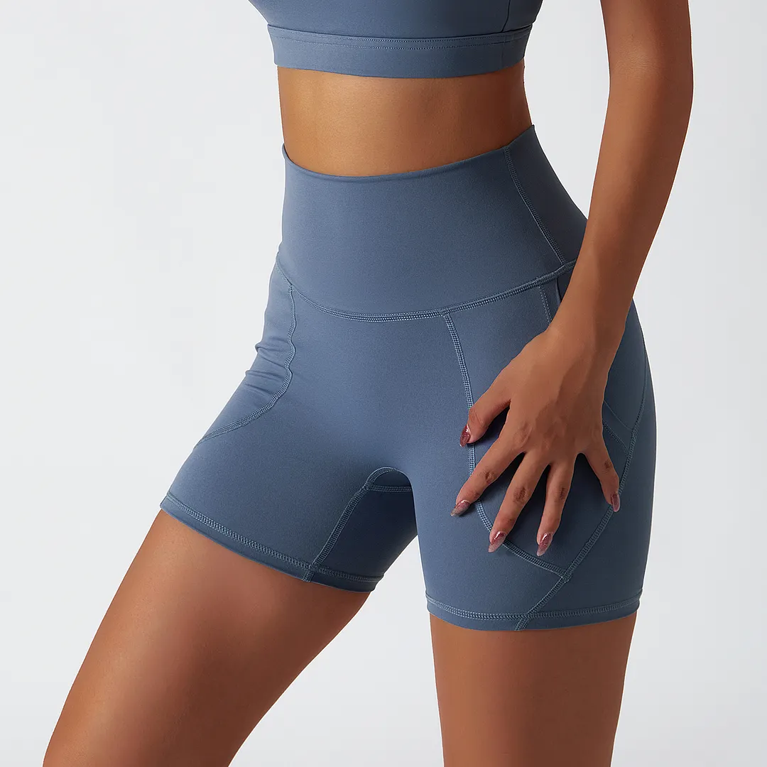 Shop Haze Blue renewable fabric sustainable no front seam yoga shorts with side pockets online on Hergymclothing