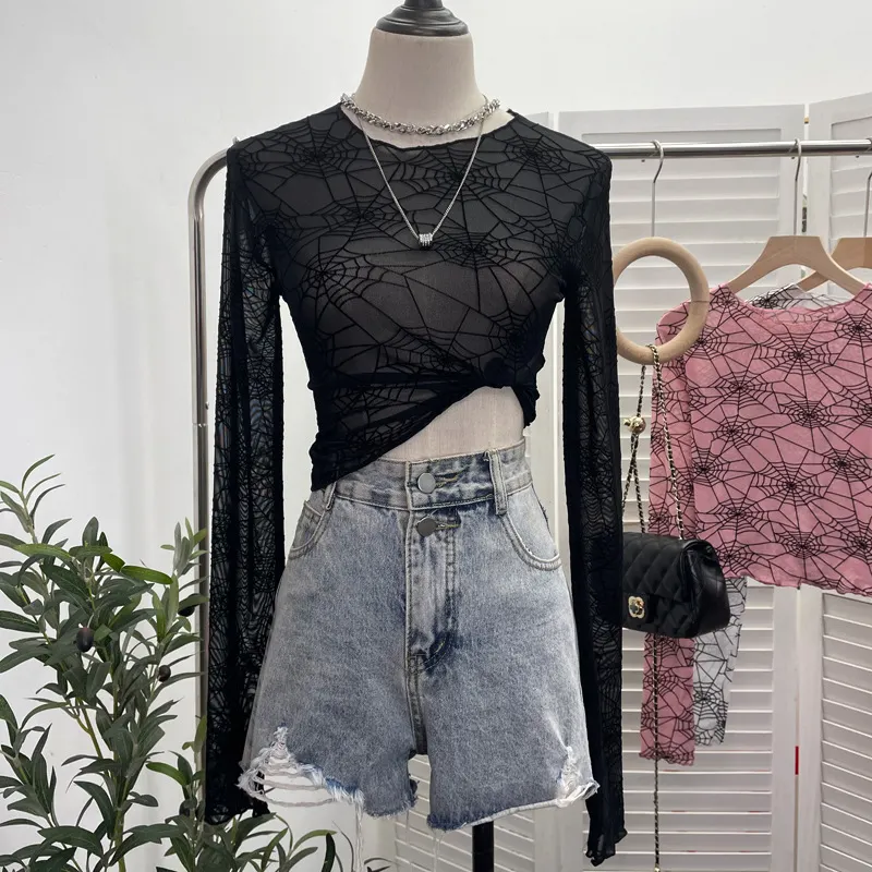 Uveng Spider-Web Yarn Velvet Perspective Bottom Shirt Dark T-Shirt T-Shirt Short Long-Sleeved T-Shirt Top 9908