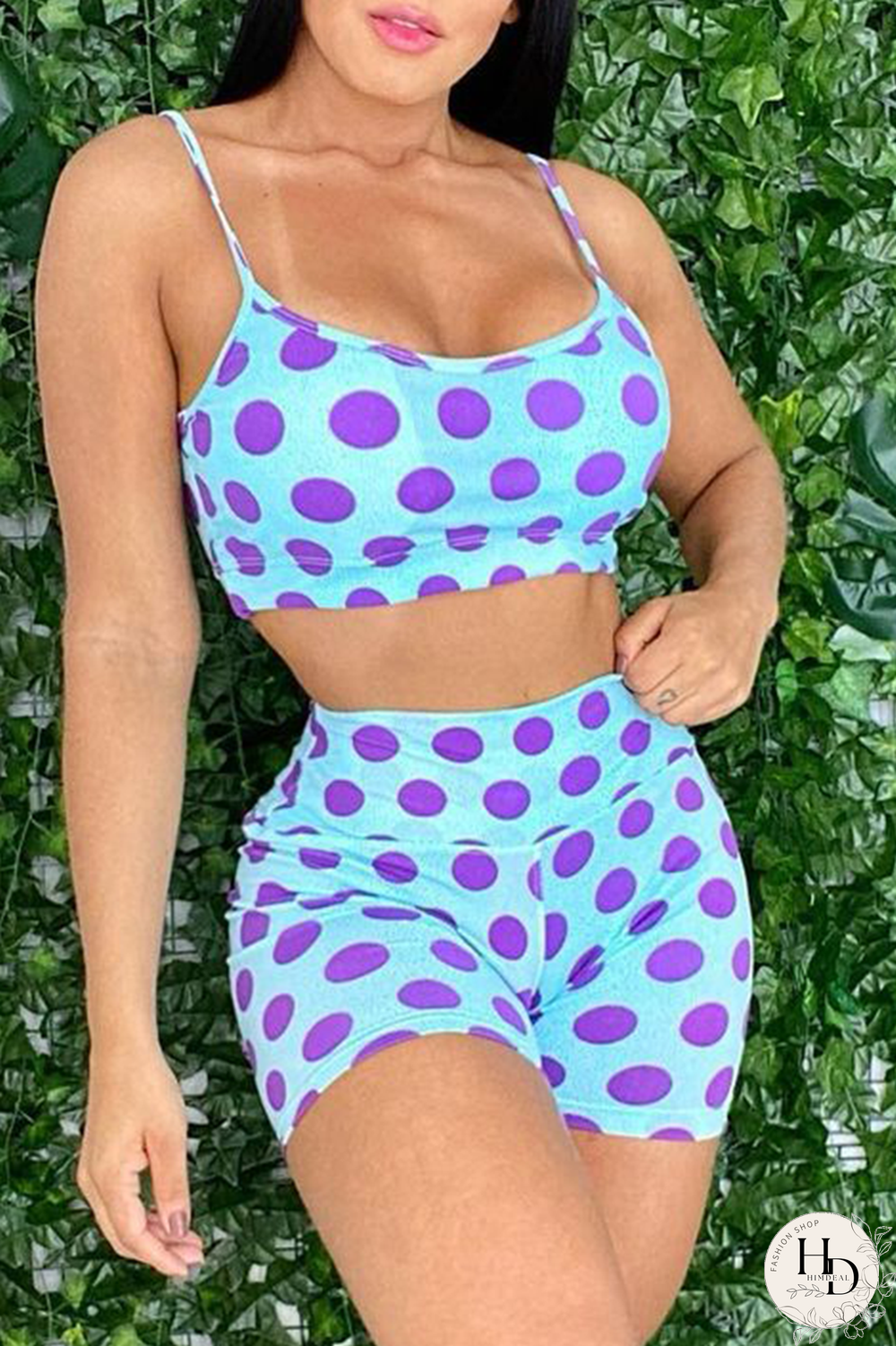 Green Sexy Print Split Joint Spaghetti Strap Sleeveless Two Pieces