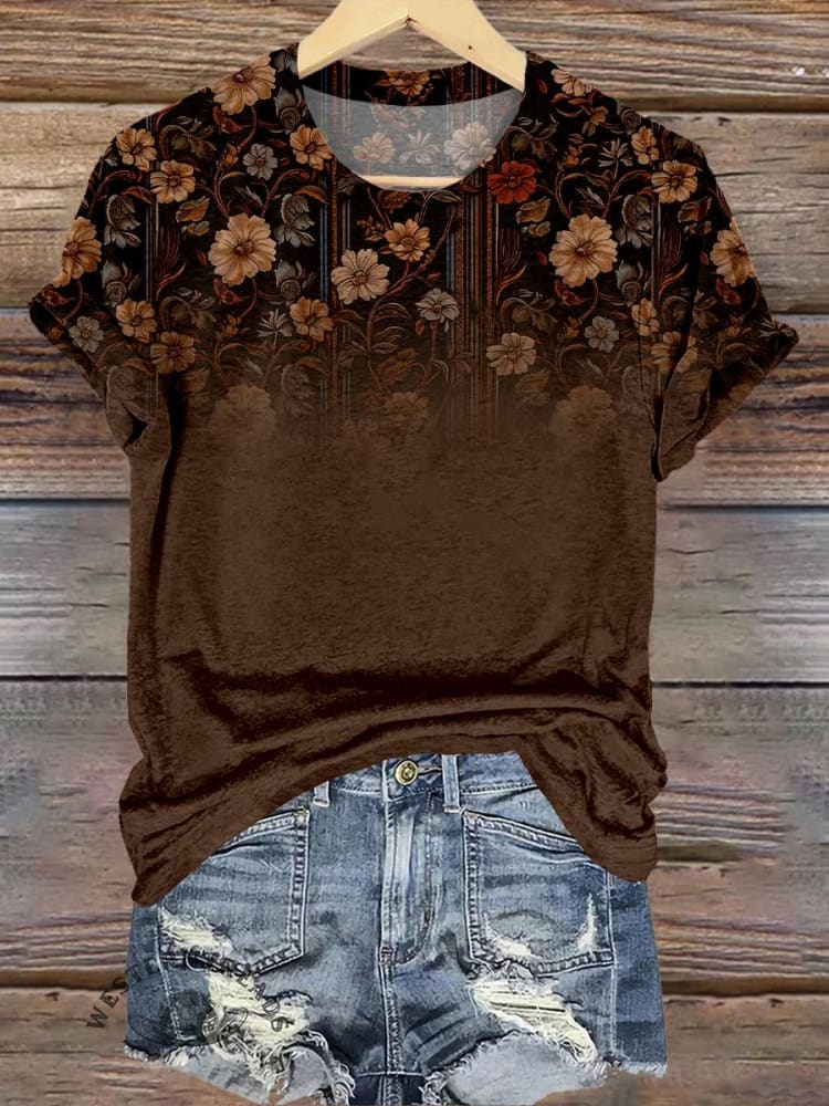 Elegant Gradient Art Floral Pattern Neck-Neck T-Shirt