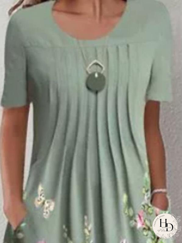 Casual Floral Round Neck Mid-length Straight Dress for Women