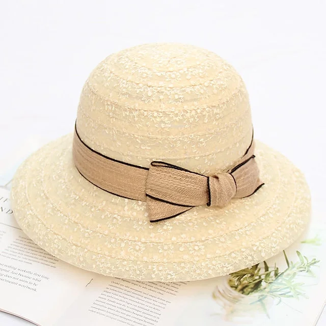 Women's Party Hat Bowknot Ribbon Solid Color Dome UV Protection Sun Hat