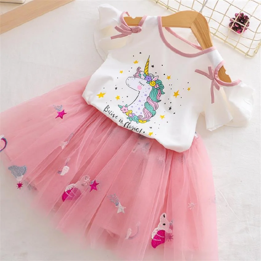 Kids Girls Unicorn Top And Tutu Dress Summer Princess Girl Princess Birthday Party Costume Children Kids Unicorn Clothing Sets