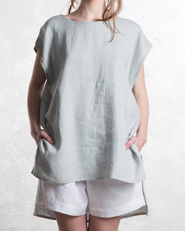 Loose Linen Solid Short Sleeve Top