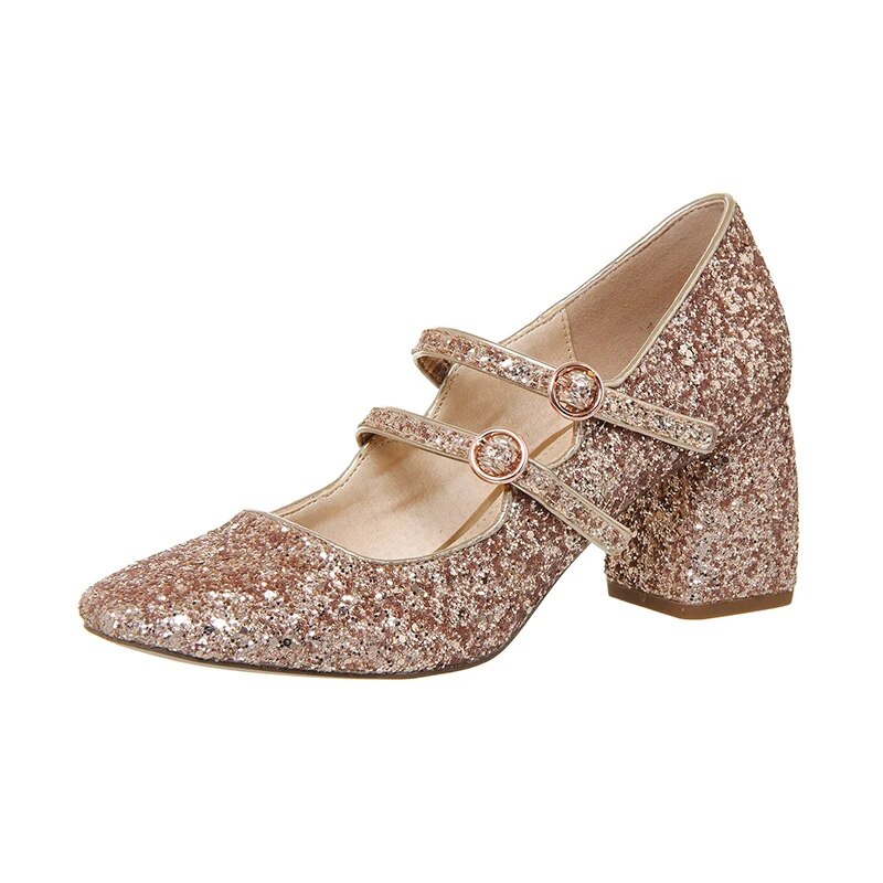 TAAFO Crystal Sequin Pointed Toe Mary Jane Block Heel Retro Buckle Heel 