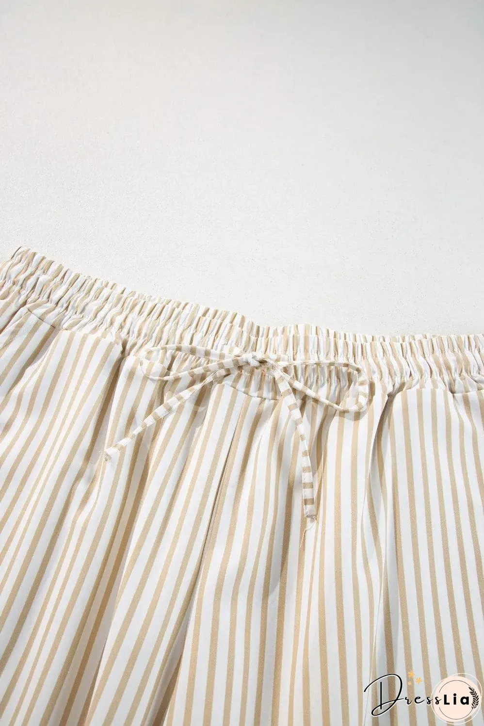 Khaki Stripe Plus Size Drawstring High Waist Wide Leg Pants