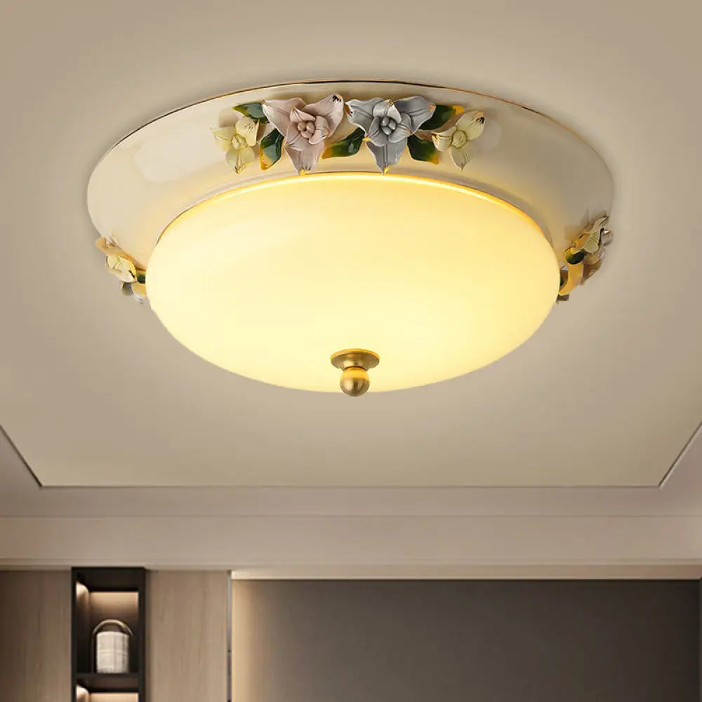 Retro Style Led Ceiling Fixture: 12&rsquo;/14&rsquo; Wide Bowl Shape Milky Glass Flush Mount With Blossom